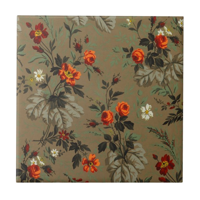 Antikes dunkles florales botanisches Muster orange Fliese (Vorderseite)