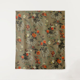 Antikes dunkles florales botanisches Muster orange Wandteppich