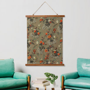 Antikes dunkles florales botanisches Muster Orange Wandteppich Mit Holzrahmen