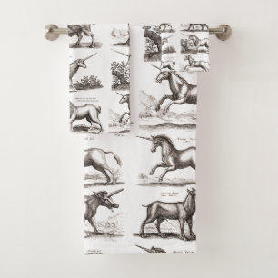Antikes Einhorn-Gravur Vintage-Zoologie-Exemplar Badhandtuch Set