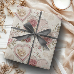 Antikes Elfenbein-Braun-Falten-Herzen-Rosen-Muster Geschenkpapier