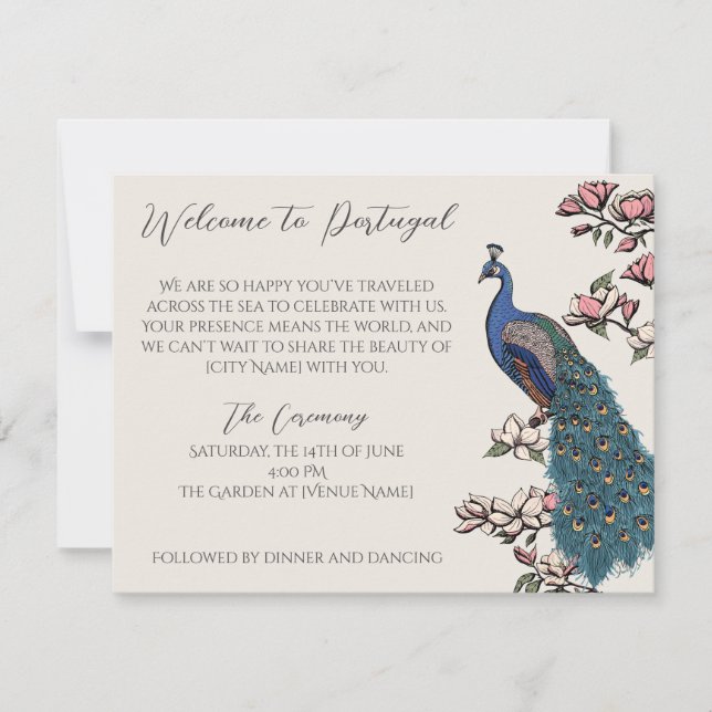 Antikes Elfenbein-Pfau-Tinte-Kunst-Hochzeitsprogra (Vorderseite)