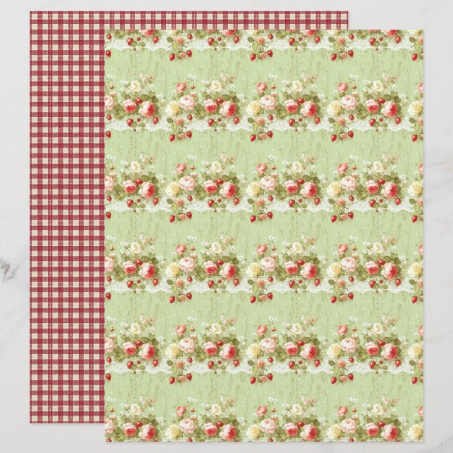 Antikes Erdbeer-Blumen-Schabblonenpapier (Vorne/Hinten)
