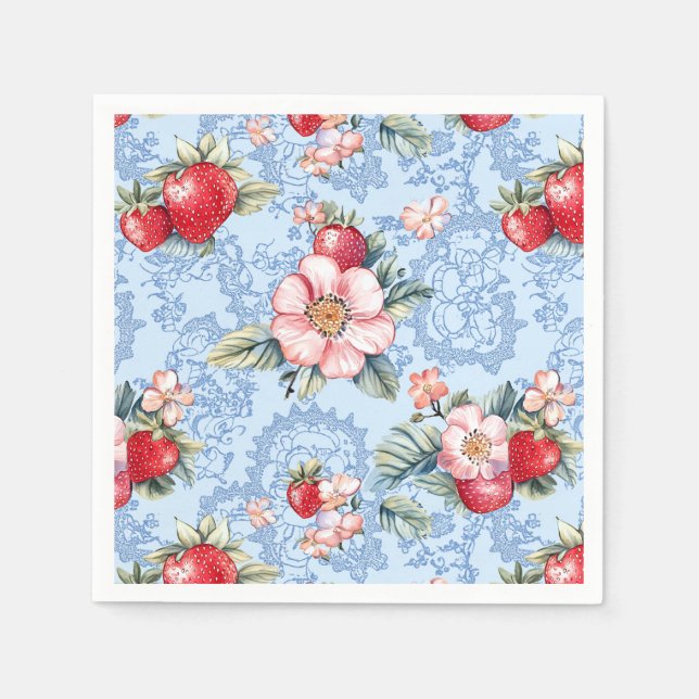 Antikes Erdbeeren- und Blumenmuster Serviette (Vorderseite)