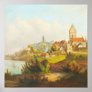 Antikes europäisches Stadtfluss-Ölgemälde Poster
