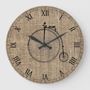 Antikes Fahrrad auf Jute Große Wanduhr