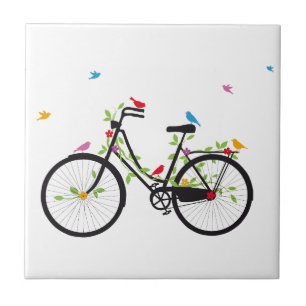 Antikes Fahrrad mit Blumen und Vögeln Fliese