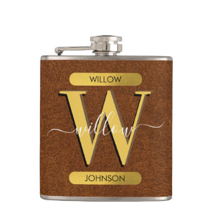 Antikes falsches Leder & Gold-Monogramm Flachmann