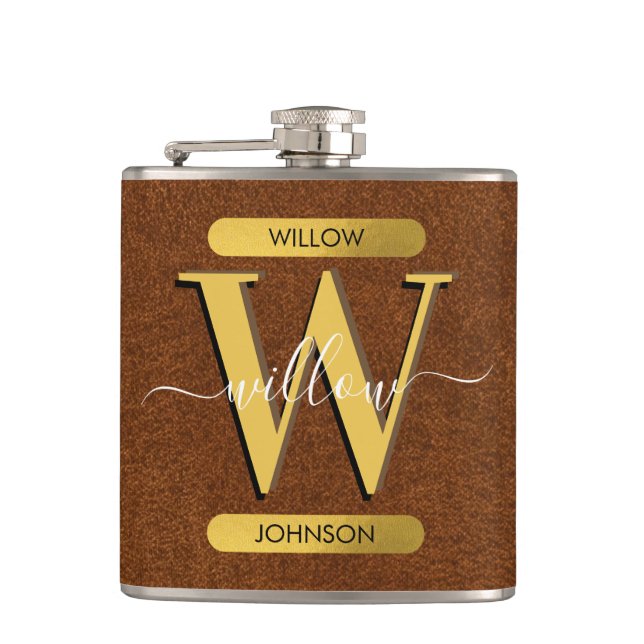 Antikes falsches Leder & Gold-Monogramm Flachmann (Vorderseite)