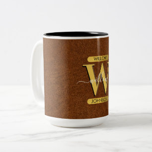 Antikes falsches Leder & Gold-Monogramm Zweifarbige Tasse