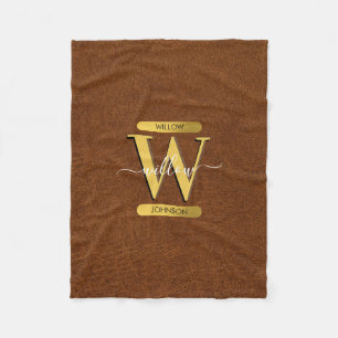 Antikes Faux-Leder & Gold-Monogramm Fleecedecke