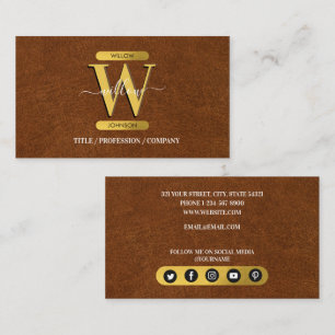 Antikes Faux-Leder & Gold-Monogramm Social Media Visitenkarte