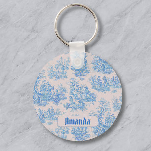 Antikes florales blau türkis Toile Jouy Monogramm Schlüsselanhänger