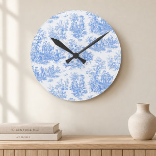 Antikes, florales, blaues Türkis Toile Jouy Runde Wanduhr