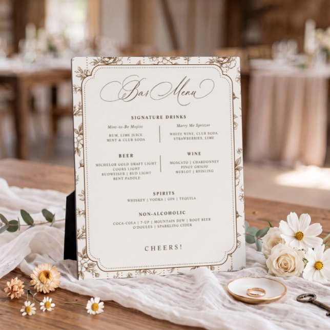Antikes florales braun-cremefarbenes Bar-Menü Hoch Fotoplatte (Brown & cream vintage French floral wedding bar menu self-standing plaque with signature drinks.)