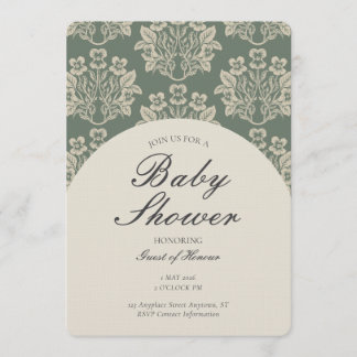 Antikes florales Damast-Baby-Shower Grün Beige Einladung
