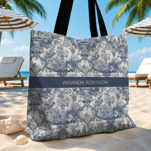 Antikes florales Damast Blau Toile de Jouy Monogra