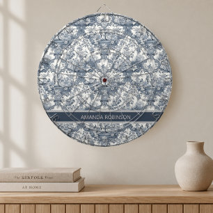 Antikes florales Damast Blau Toile de Jouy Monogra Dartscheibe