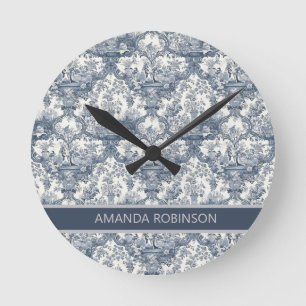 Antikes florales Damast Blau toile de jouy Monogra Runde Wanduhr