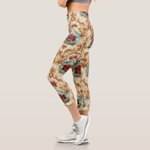 Antikes florales Damastmuster in Türkis und Burgun Capri Leggings