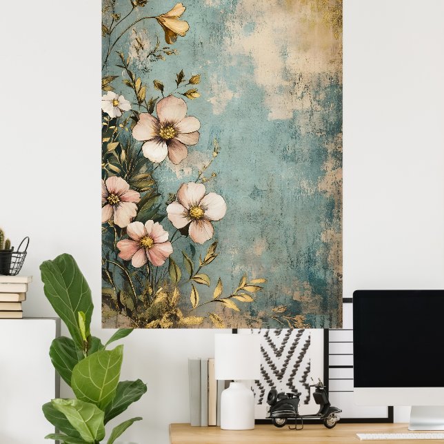 Antikes florales Design mit texturiertem oder geal Poster (Heimbüro)