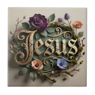 Antikes florales goldenes Jesus-Wort-Schild Fliese