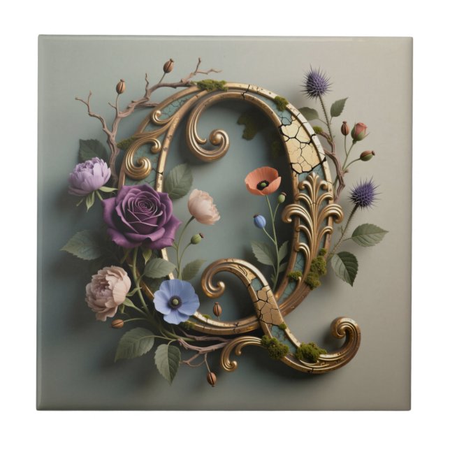 Antikes florales goldenes Monogramm Buchstabe Q Fliese (Vorderseite)