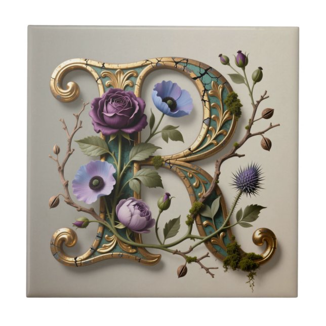 Antikes florales goldenes Monogramm Buchstabe R Fliese (Vorderseite)