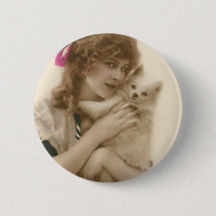 Antikes Foto einer viktorianischen Frau mit Hund Button