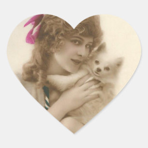 Antikes Foto einer viktorianischen Frau mit Hund Herz-Aufkleber