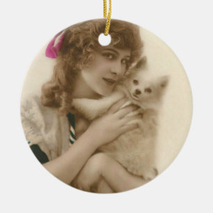 Antikes Foto einer viktorianischen Frau mit Hund Keramikornament