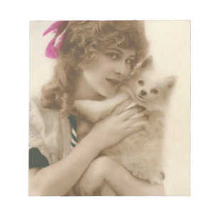 Antikes Foto einer viktorianischen Frau mit Hund Notizblock