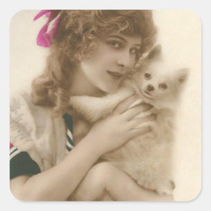 Antikes Foto einer viktorianischen Frau mit Hund Quadratischer Aufkleber