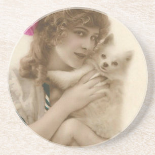 Antikes Foto einer viktorianischen Frau mit Hund Untersetzer