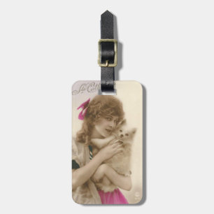 Antikes Foto Viktorianische Frau und Hund Gepäckanhänger