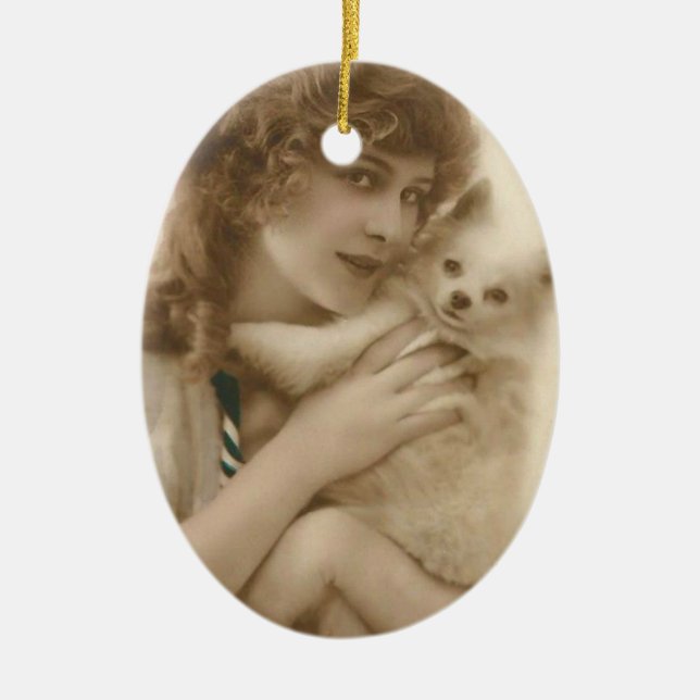 Antikes Foto Viktorianische Frau und Hund Keramik Ornament (Vorne)