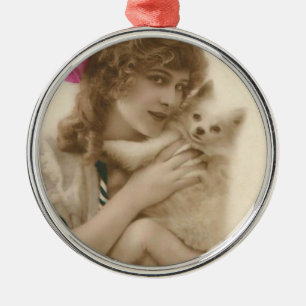 Antikes Foto Viktorianische Frau und Hund Silbernes Ornament