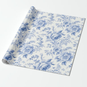 Antikes französisches Blumen-Toile-Blau-Geschenkpa Geschenkpapier