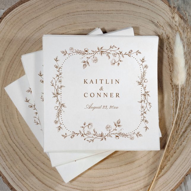 Antikes französisches braunes Blumencocktail für d Serviette (Vintage French brown wedding cocktail napkins with elegant chinoiserie floral frame)