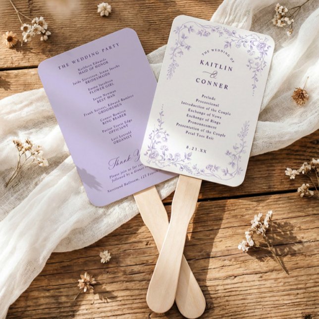 Antikes französisches Hochzeitsprogramm im Lavende Fächer (Lavender wedding program fan with vintage French chinoiserie floral elements)