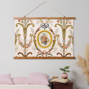 Antikes französisches Rokoko-Blumen-Gold-Creme-Ele Wandteppich Mit Holzrahmen