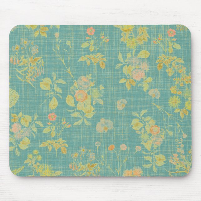 Antikes Frühlingsblumen Teal-Muster Mousepad (Vorne)