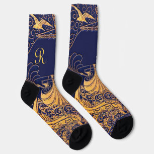 Antikes Gefäß, Delfine, Gold, Marineblaues Monogra Socken