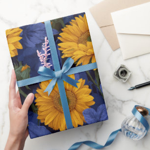 Antikes Gelbes Sonnenblumen-Blaues Blumenmuster Geschenkpapier