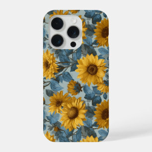 Antikes gelbes Sonnenblumen-blaues Blumenmuster iPhone 15 Pro Hülle