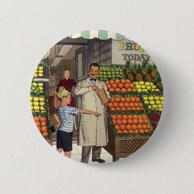 Antikes Geschäft, Obststand mit Lebensmittelhändle Button (Vorderseite)