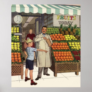 Antikes Geschäft, Obststand mit Lebensmittelhändle Poster