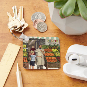 Antikes Geschäft, Obststand mit Lebensmittelhändle Schlüsselanhänger