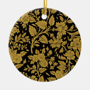 Antikes Gold-Blumen-Indisch-Lackarbeit-Schwarz-Mus Keramik Ornament