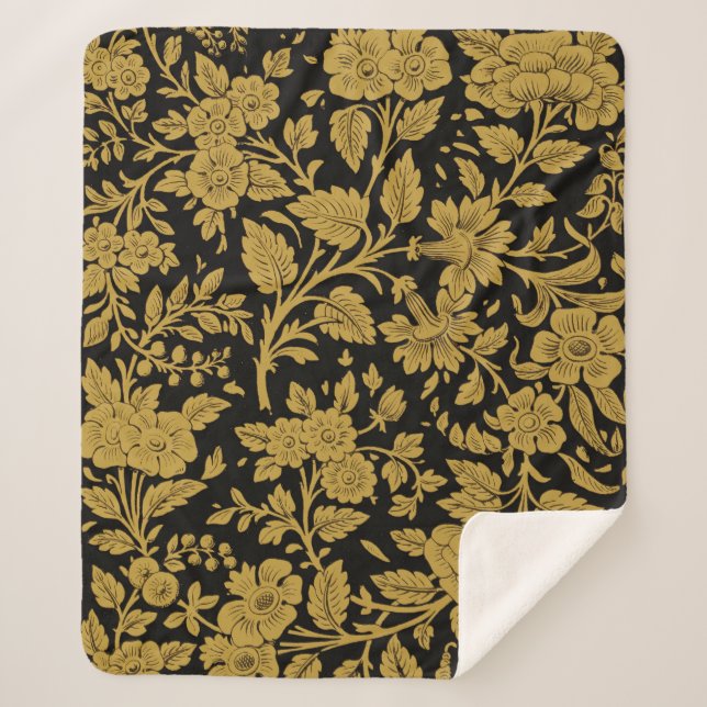Antikes Gold-Blumen-Indisch-Lackarbeit-Schwarz-Mus Sherpadecke (Vorderseite)